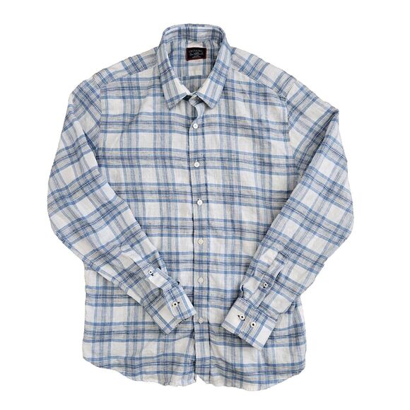 Untuckit (Mens Large) Linen Long‎ Sleeve Collarless Button Up Plaid Shirt Blue - Picture 1 of 5